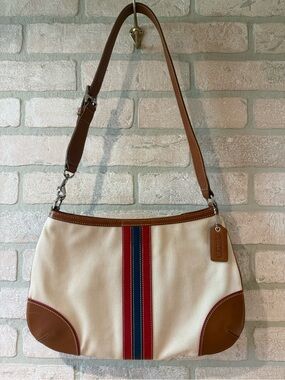 Coach Y2K Classic Stripe Hobo Cream Canvas Shoulder Bag with Brown Leather Trim